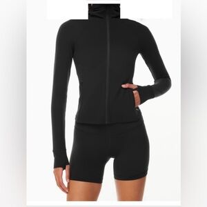 Black zip-up hoodie with thumbholes, zippered and hand packet. New without tag